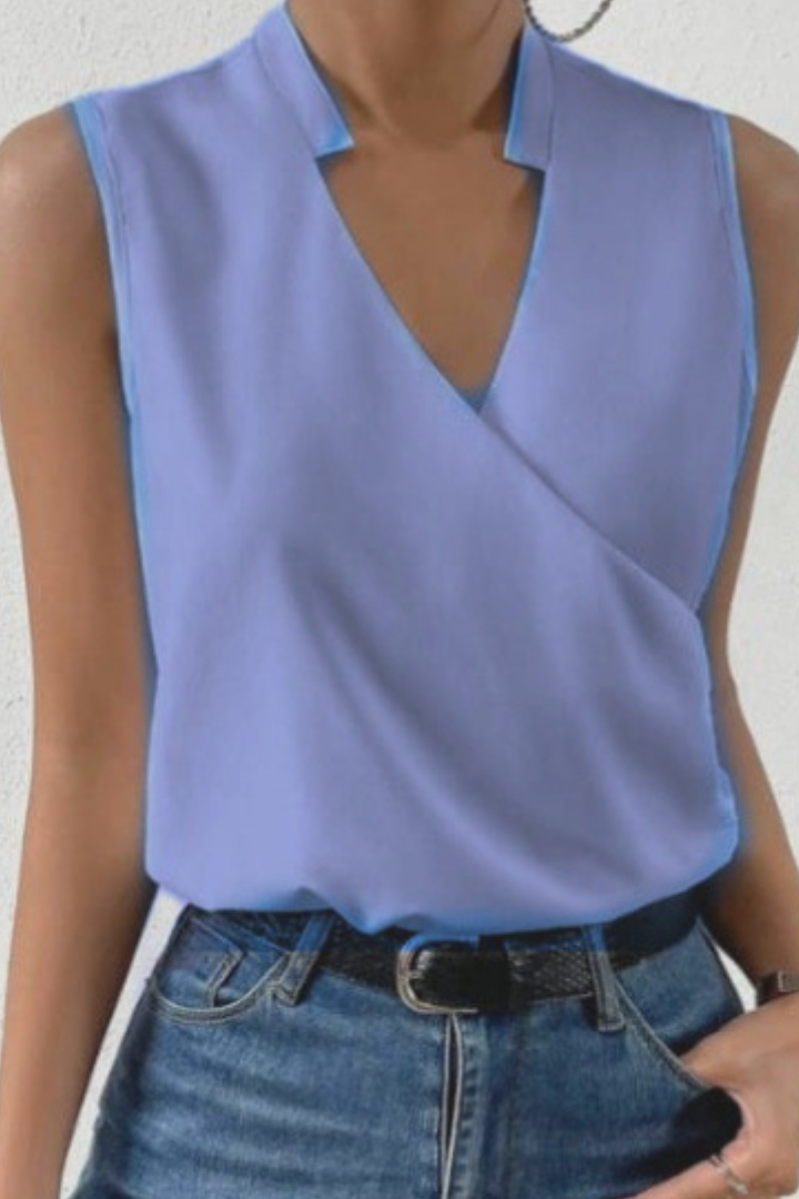 Chic V-neck sleeveless wrap blouse for women, perfect for summer fashion, casual outings & office style.