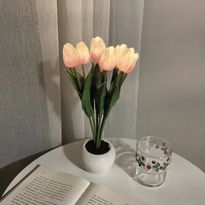 Gentle warm glow LED tulip night light lamp, perfect for a child's bedroom or nursery decor.
