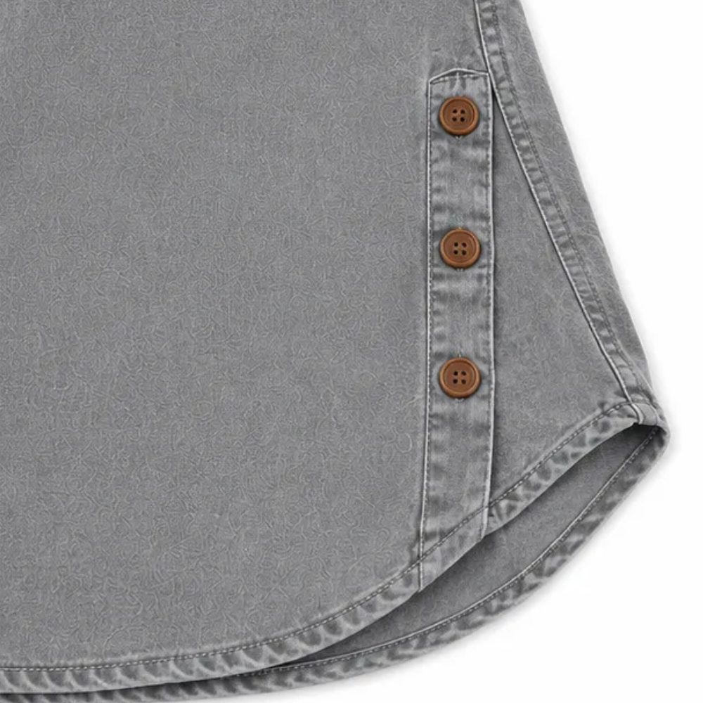 Front view: Women's short sleeve Henley tunic top, relaxed fit, showing stylish side button detail.