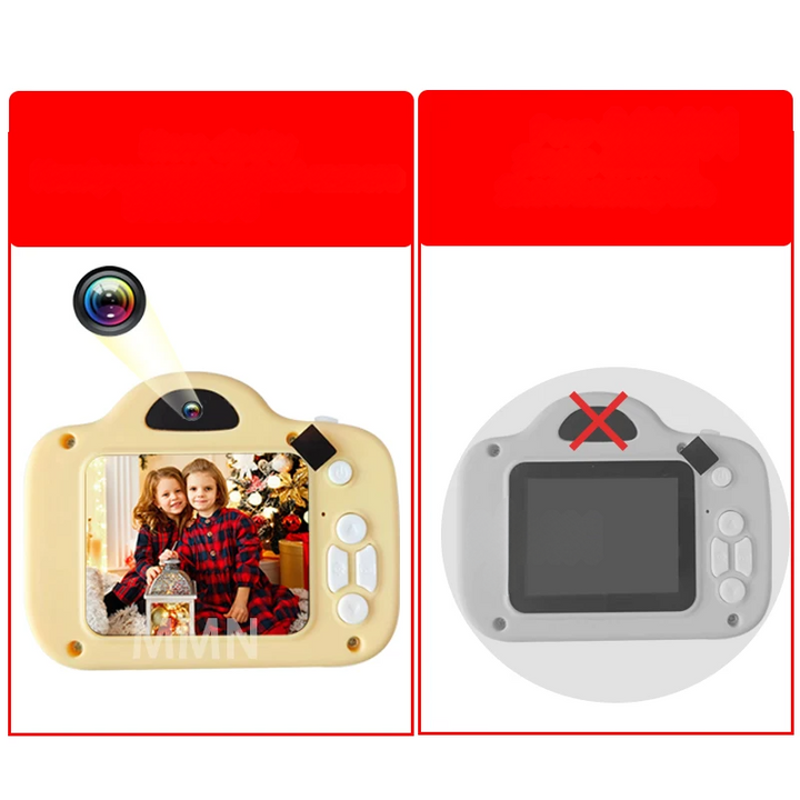 White rechargeable kids camera with 1080p video, splash-proof, ideal for creative outdoor play, age 3+.