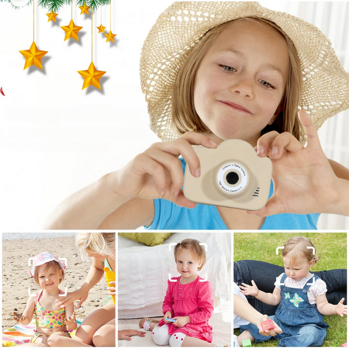 Khaki kids camera for outdoor play, 1080p video, splash-proof, rechargeable, an educational toy for age 3+.