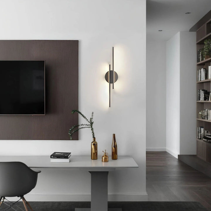 Modern LED wall sconce, ideal for ambient living room lighting. Dimmable Bar & Disc design.
