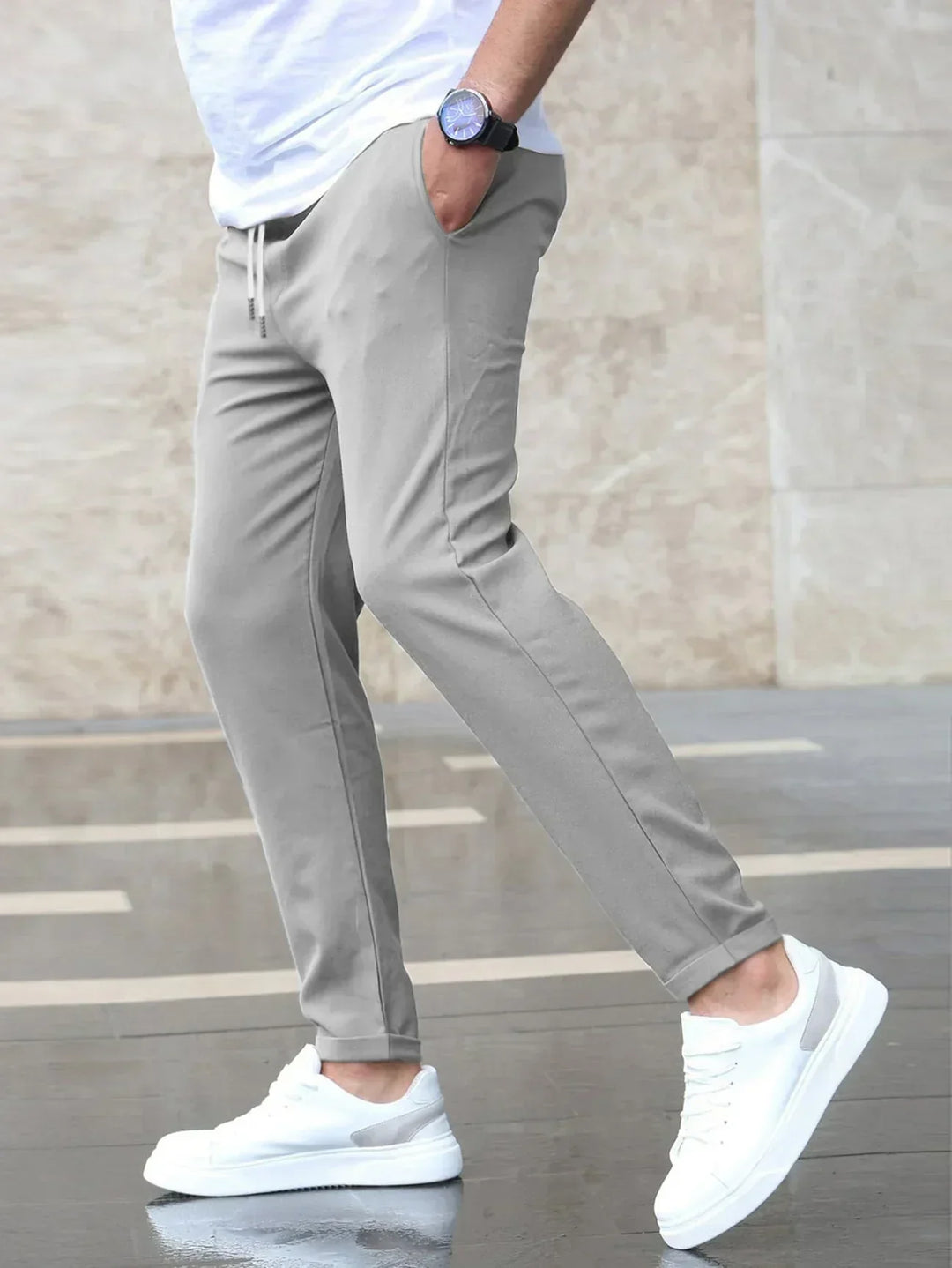 Modern fit men's stretch fleece pants, soft and wrinkle-resistant for smart casual wear.