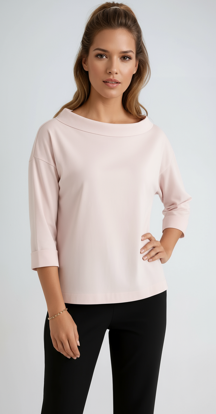 Women's comfortable relaxed fit 3/4 sleeve boat neck top. Ideal for casual, everyday, or elegant office wear.