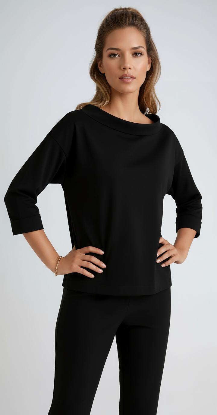 Elegant women's 3/4 sleeve boat neck top, relaxed fit. Great for office wear, casual outfits, and everyday comfort.