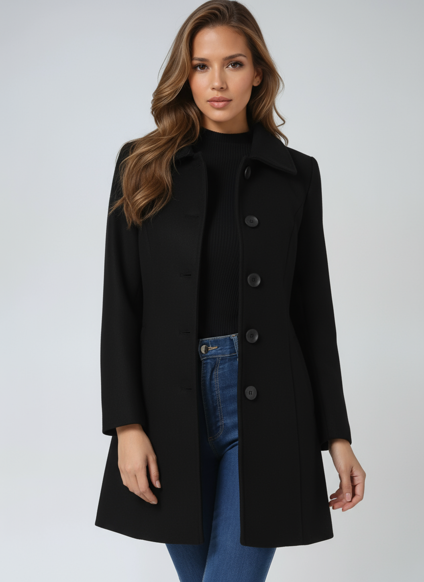 Women's elegant single-breasted winter trench coat, tailored for a sophisticated city style.