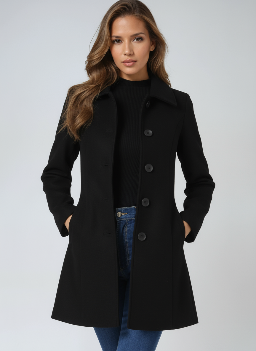 Chic women's single-breasted winter trench coat, tailored style, perfect for autumn fashion.
