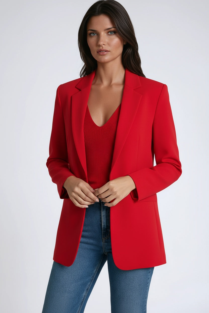 Stylish longline cut women's blazer, perfect for smart casual and business fashion.