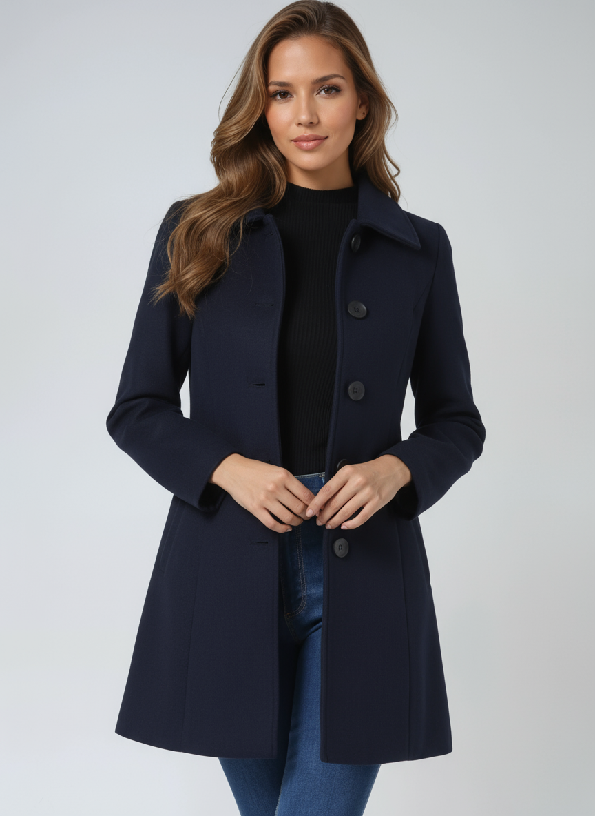 Classic women's tailored trench coat, ideal for winter and autumn fashion, single-breasted design.