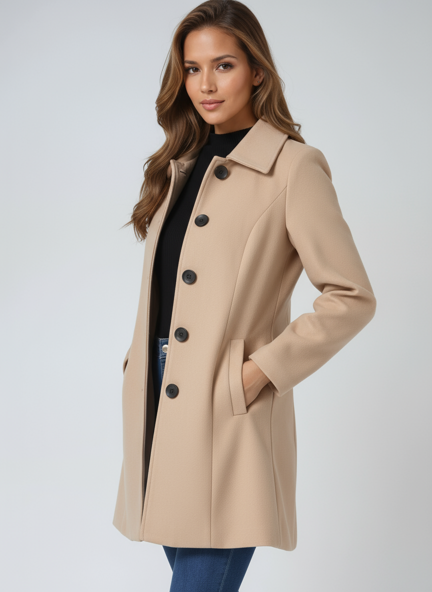 Stylish women's tailored single-breasted trench coat for autumn/winter, classic and chic.