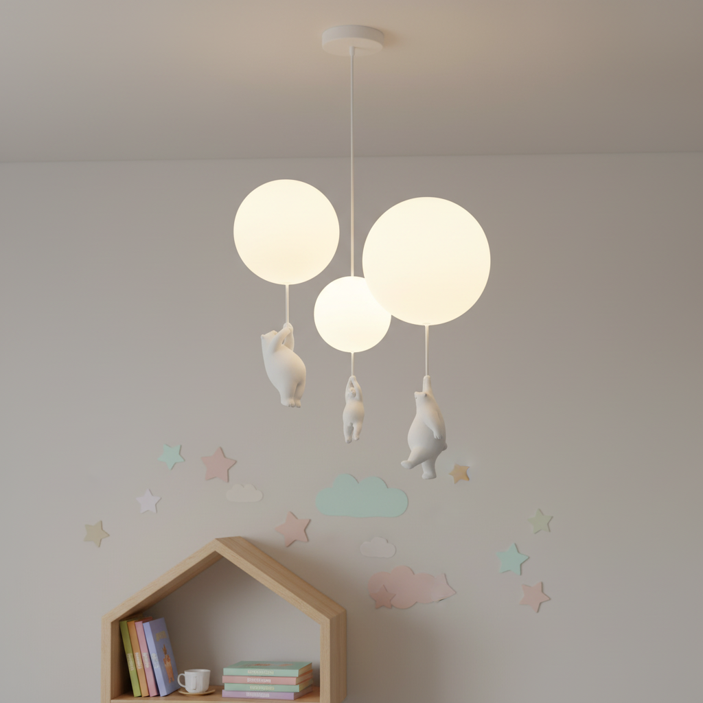Playful LED balloon bear light for children's room. Versatile ceiling or pendant lamp, ideal for kids' spaces.