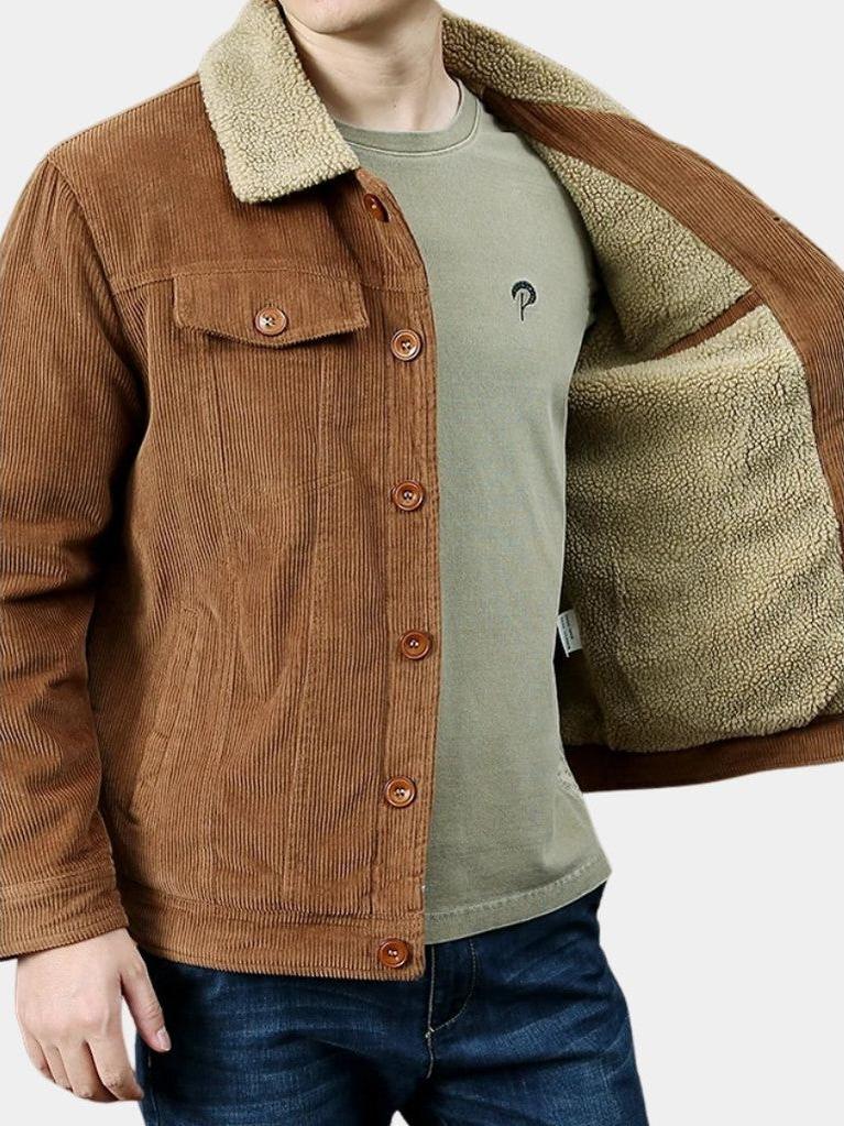 Fashionable men's daily wear trucker jacket, featuring button-front closure for style.