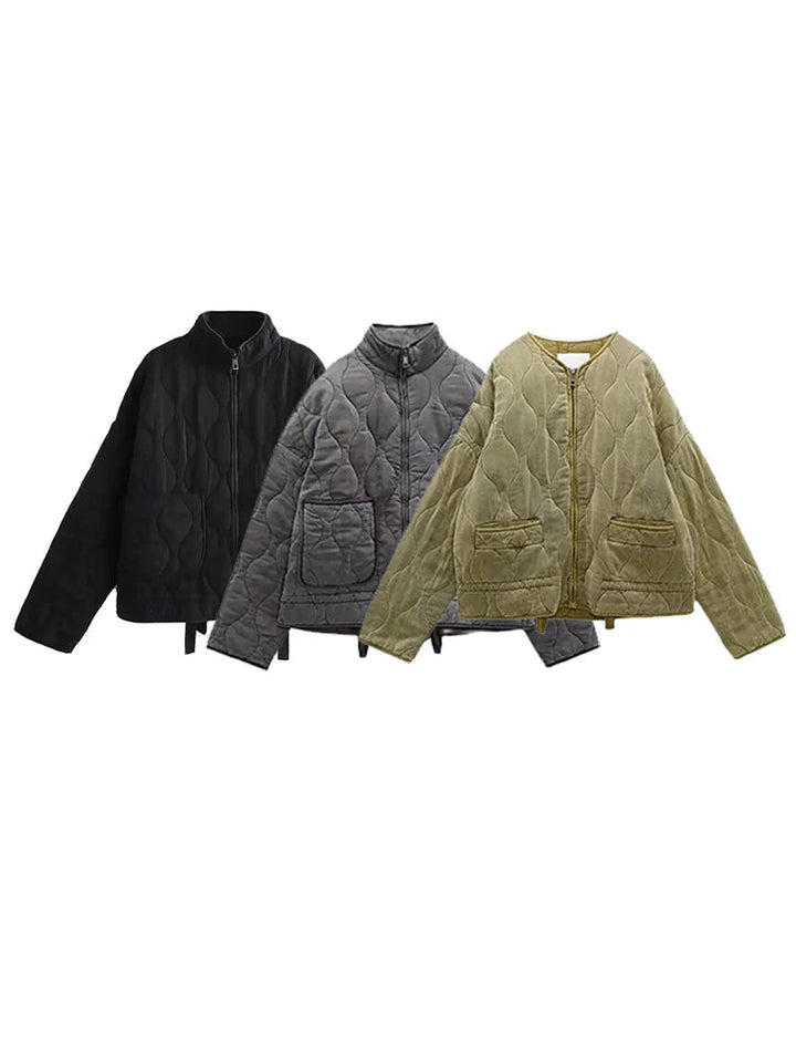 Retro women's quilted jacket, a stylish oversized piece for autumn fashion & cozy winter layering.
