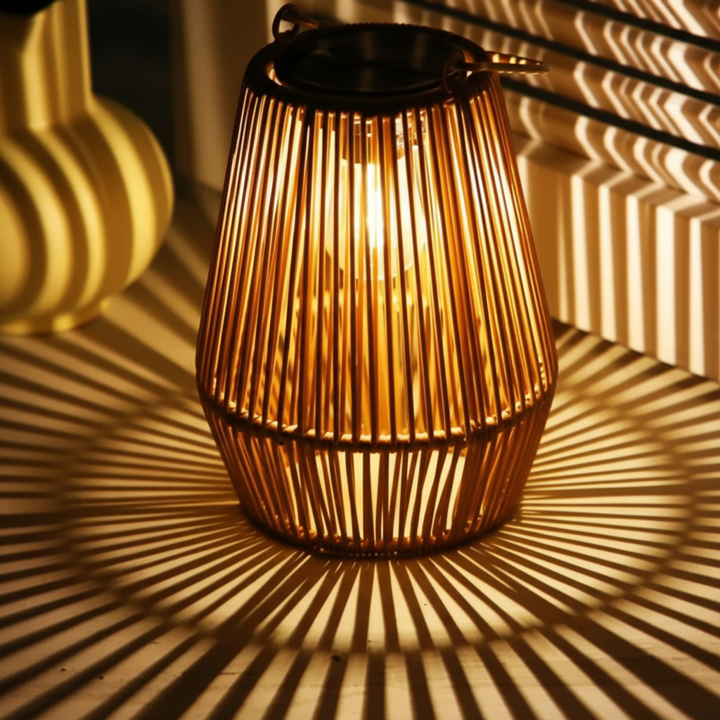 Sustainable solar rattan lamp. Waterproof LED outdoor light perfect for long-lasting patio and garden ambiance.