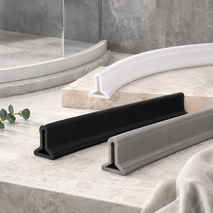 Flexible bathroom water stopper strip for shower, preventing leaks & protecting floor. Waterproof adhesive seal.