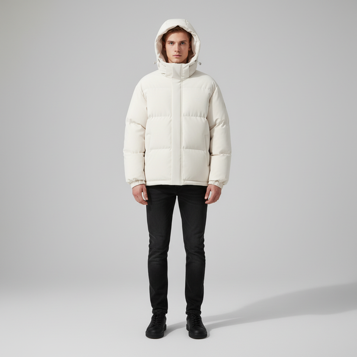 Stylish men's padded hooded jacket. Durable & water-resistant winter outerwear for casual cold weather wear.