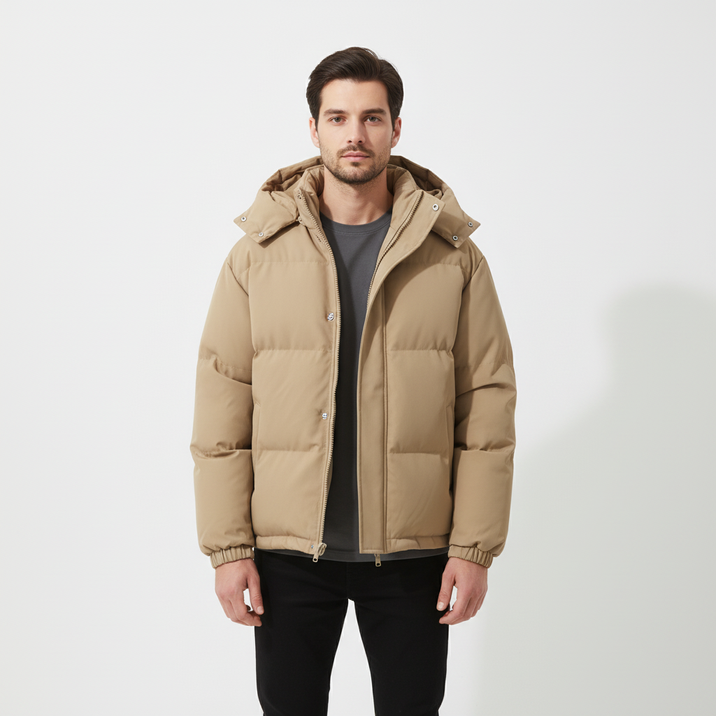 Warm men's quilted winter jacket. Windproof & stylish outerwear for casual cold weather days.