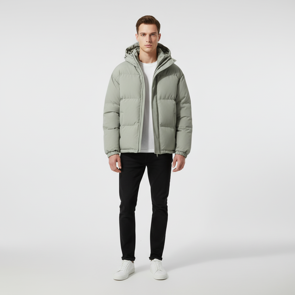 Men's water-resistant hooded padded jacket. Essential winter outerwear for warmth & protection in cold.