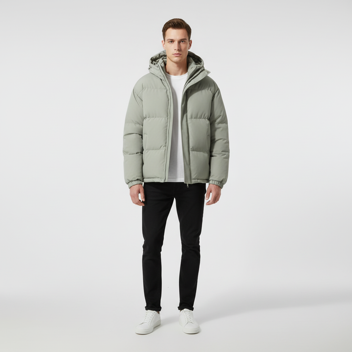 Men's water-resistant hooded padded jacket. Essential winter outerwear for warmth & protection in cold.