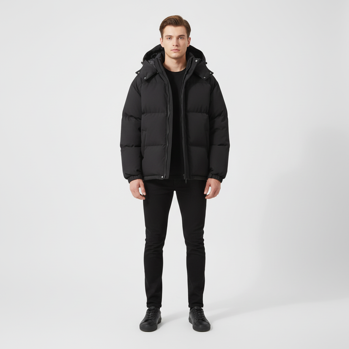 Stylish men's quilted winter jacket. Durable cold weather outerwear, providing warmth & wind resistance.