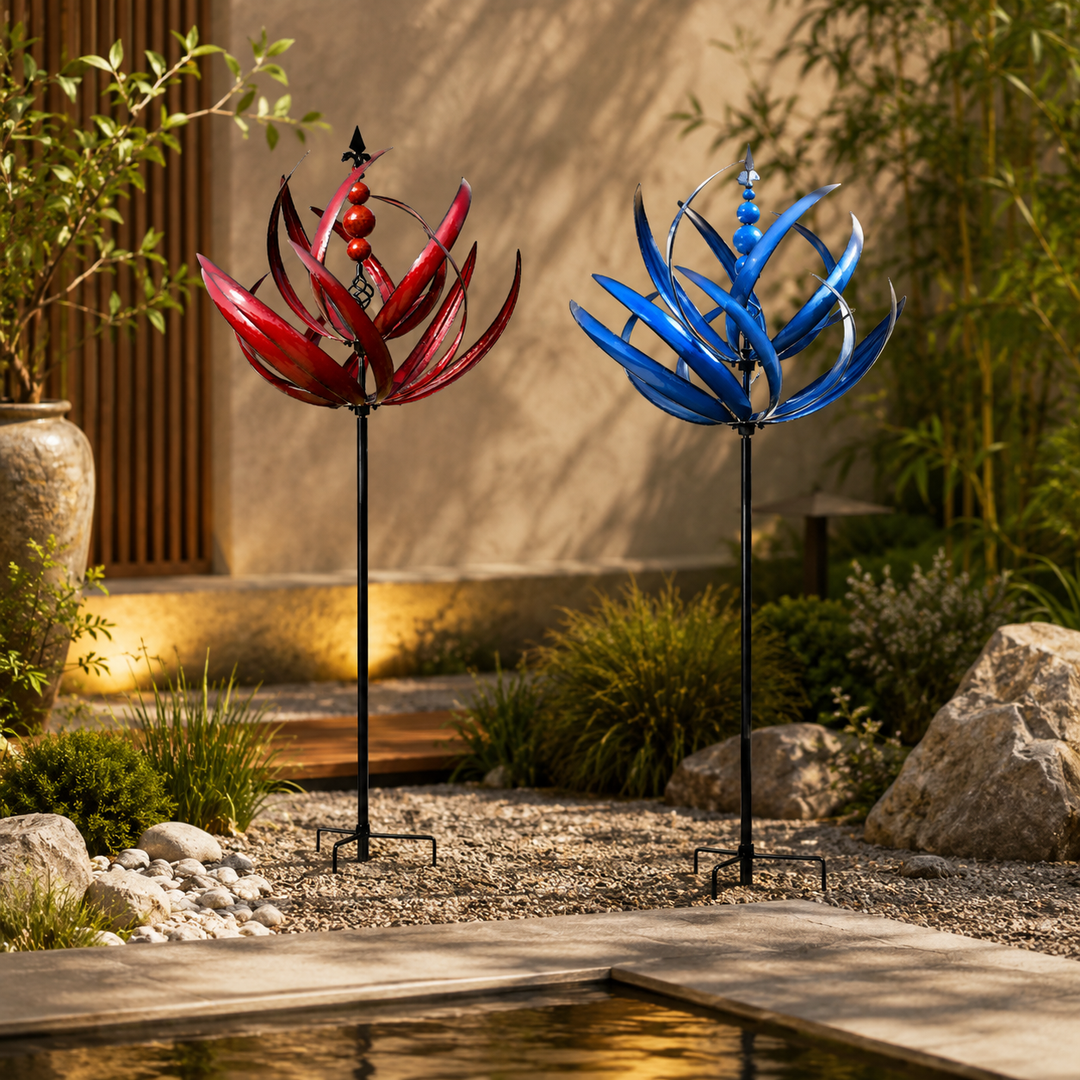 Colorful outdoor metal wind spinner, perfect kinetic sculpture for garden, patio, or yard decor. Weatherproof art.