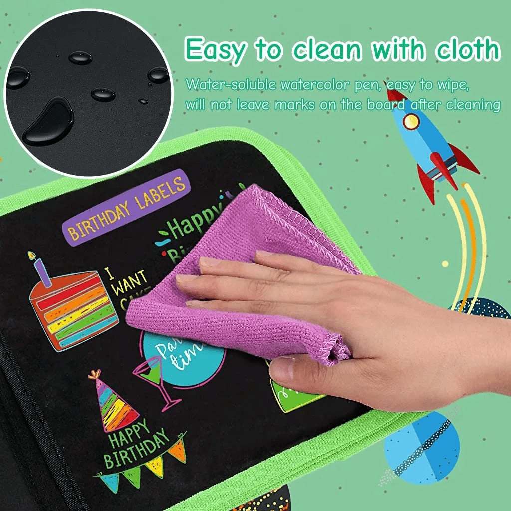 Eco-friendly reusable learning & drawing book with 12 markers. Great for endless children's creativity.