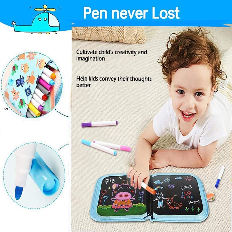 Fun reusable learning & drawing book for children, complete with 12 colorful activity markers.