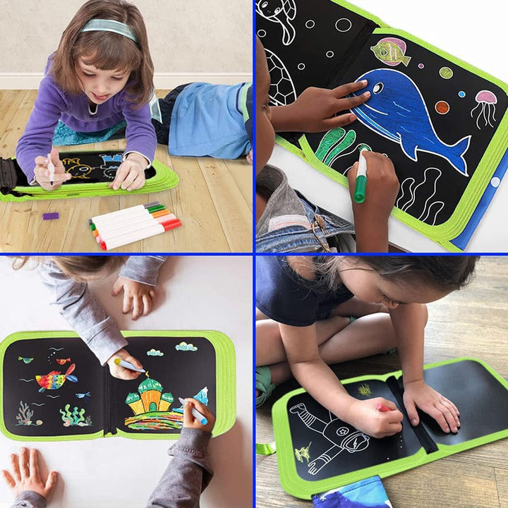 Educational reusable drawing book for kids. Includes 12 colorful markers for endless learning fun.
