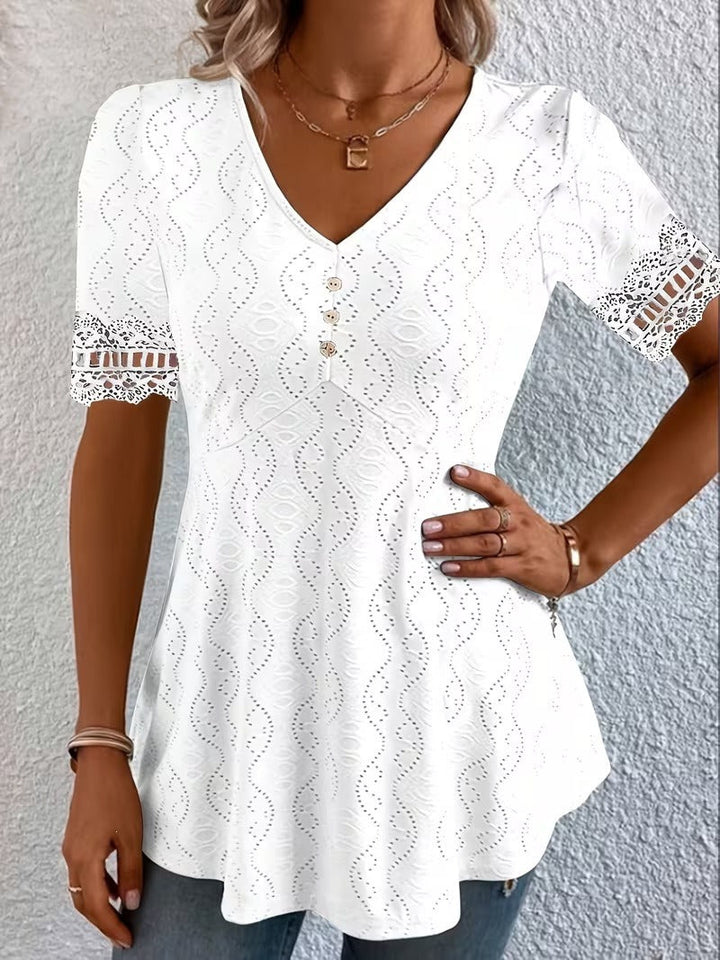 Chic women's patchwork V-neck short-sleeve blouse for elegant summer fashion. Versatile and sophisticated top.