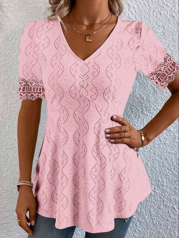 Summer fashion women's short-sleeve V-neck blouse, showcasing a unique and chic patchwork design. Sophisticated top.