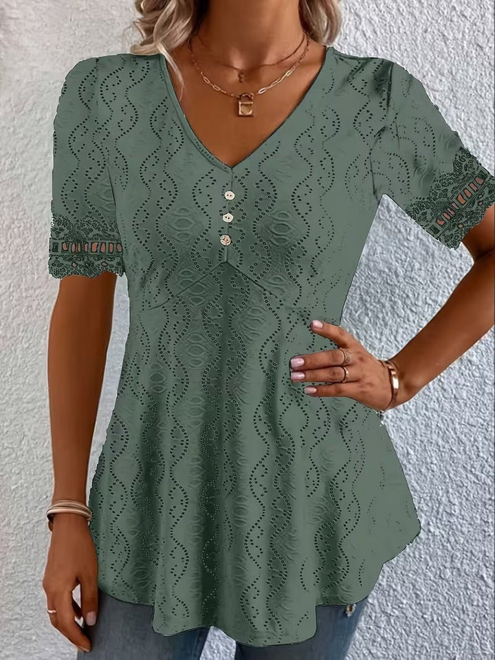Women's patchwork V-neck short-sleeve top, an elegant and chic blouse for versatile casual and sophisticated wear.
