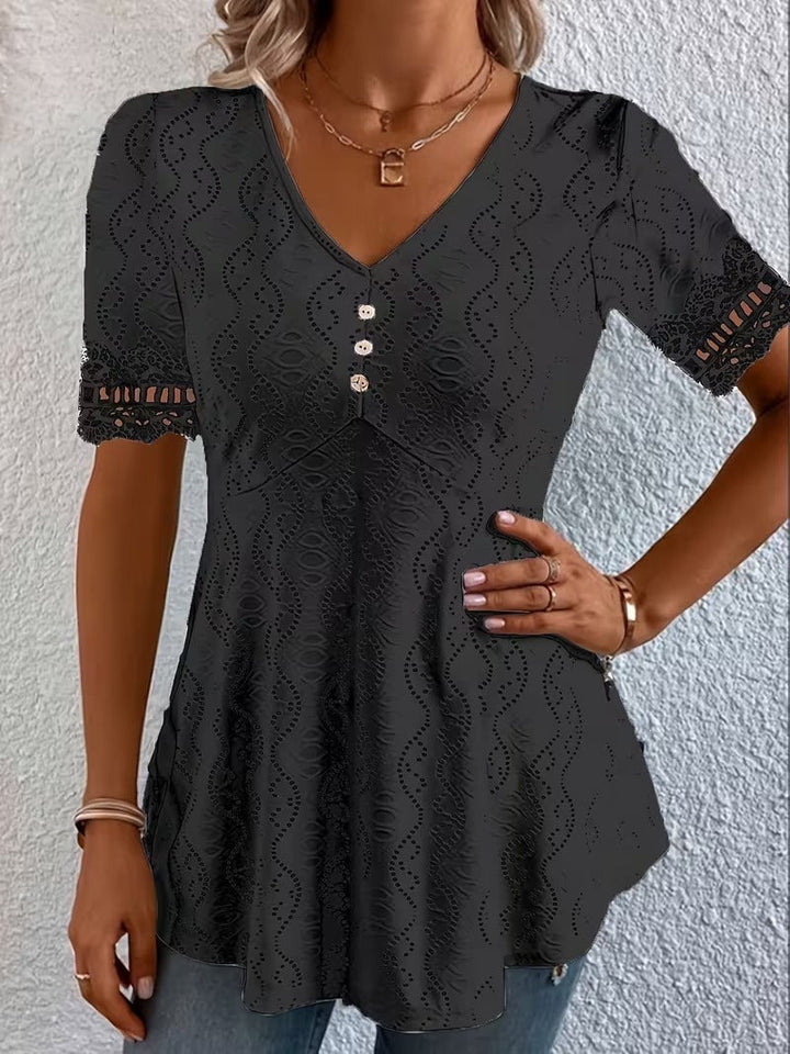 Elegant women's V-neck short-sleeve blouse featuring chic patchwork design. Comfortable and stylish for everyday luxury.