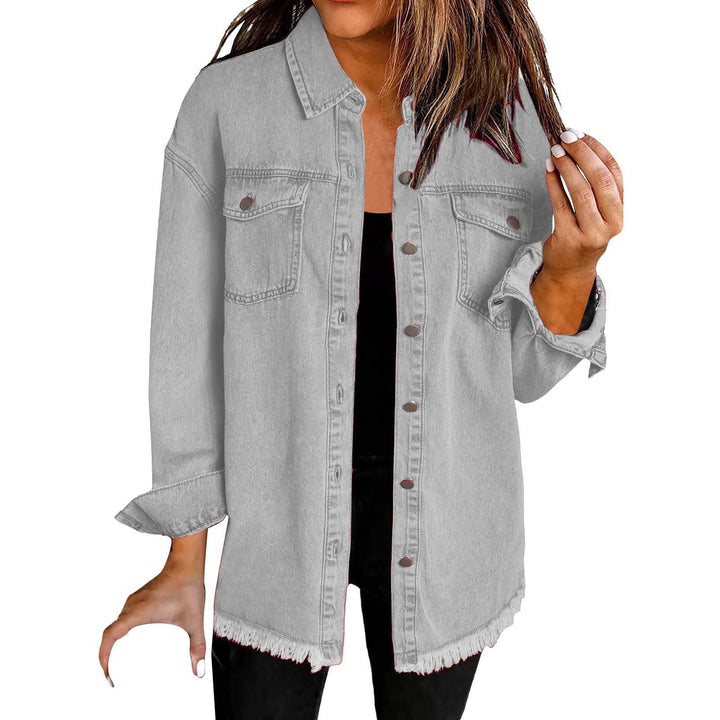 Button-down women's longline denim jacket. Chic, relaxed fit, versatile for casual and layering outfits.