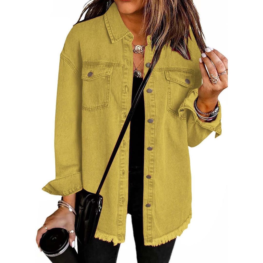 Chic relaxed fit women's longline denim shacket. Button-down for versatile casual layering outerwear.