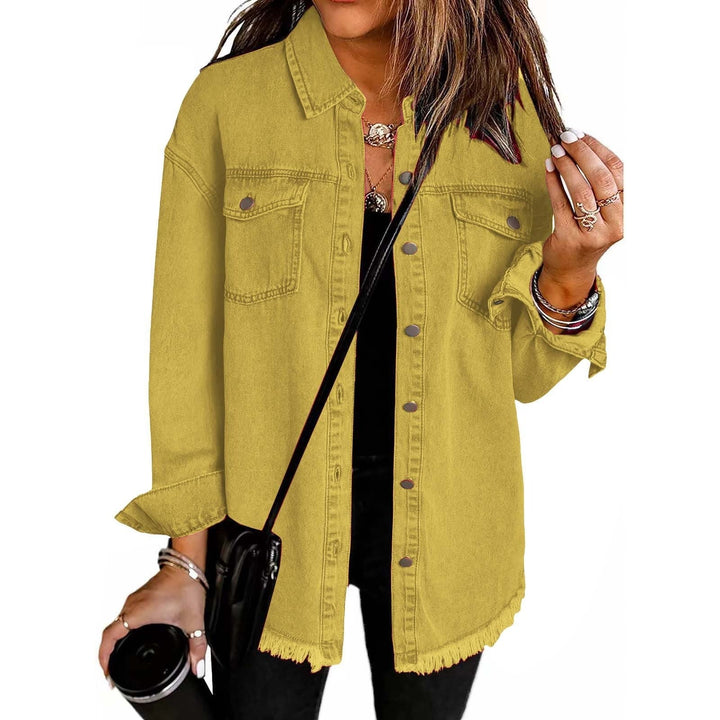 Chic relaxed fit women's longline denim shacket. Button-down for versatile casual layering outerwear.