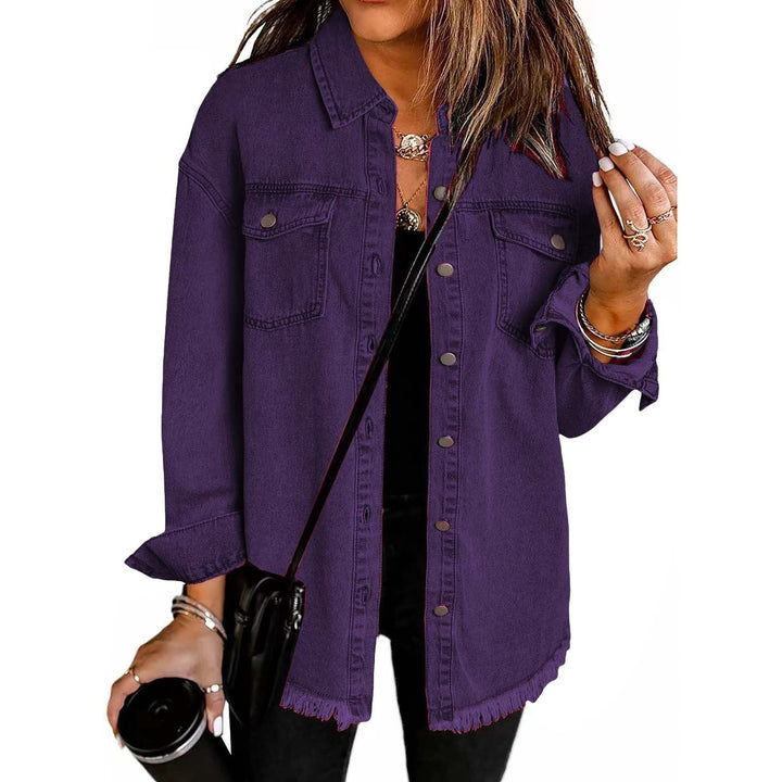 Comfortable women's longline denim jacket. Relaxed fit button-down for chic, casual outerwear.