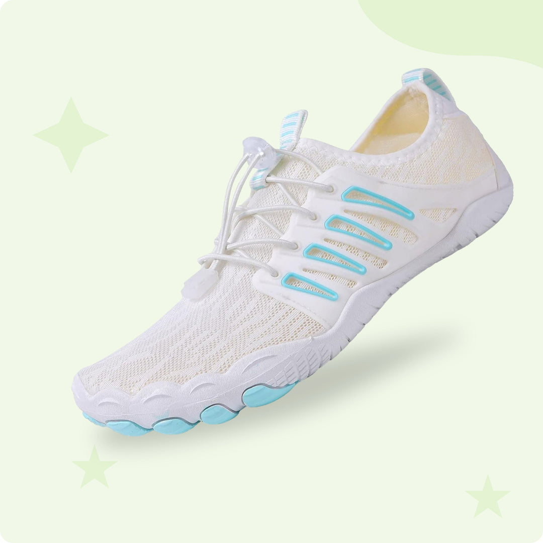Wide toe box of unisex minimalist barefoot shoes for natural toe splay, comfort, and foot health.