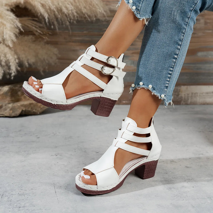 Stylish summer shoes for women: elegant block heel, secure buckle strap, and comfortable mid-heel.