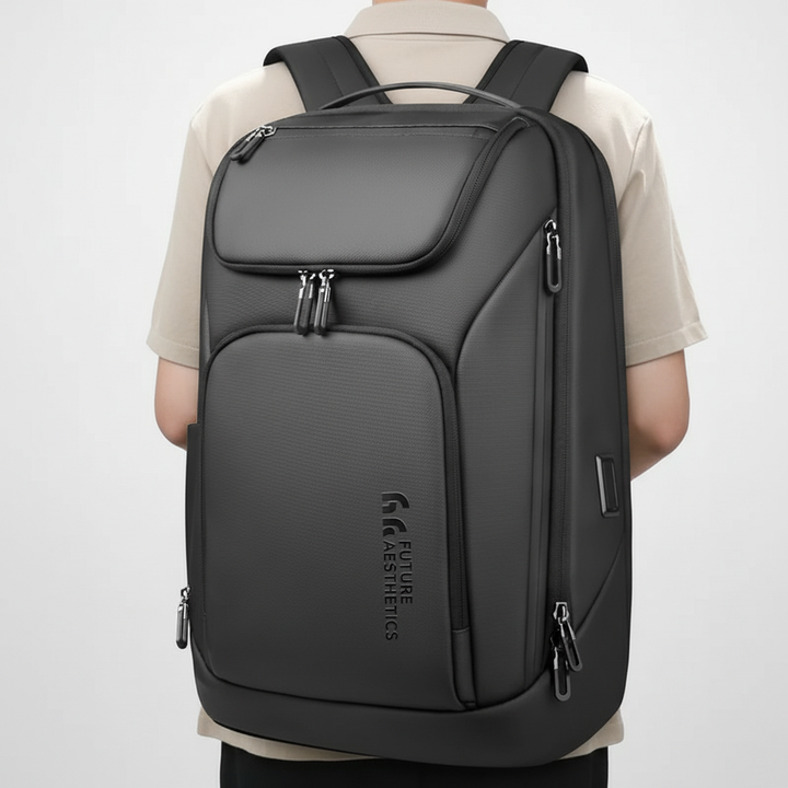 Close-up of the Unisex Travel Backpack's integrated USB charging port and durable, water-resistant fabric.