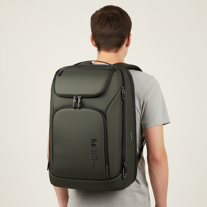 Person wearing a stylish Unisex Multifunctional Travel Backpack, perfect as a student bag, work bag, or daypack.