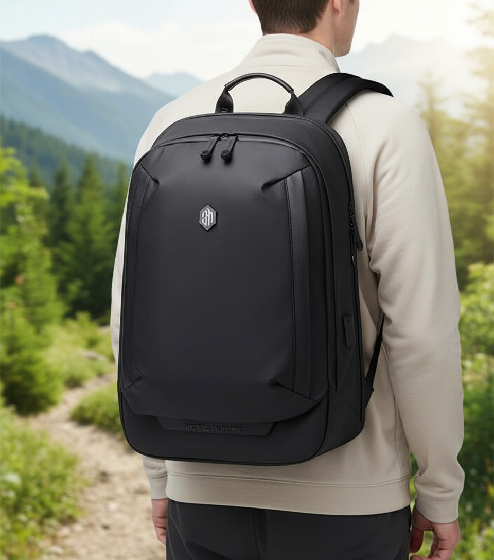 Black multi-compartment travel backpack; organized, durable for daily use & adventure. Fits laptop.