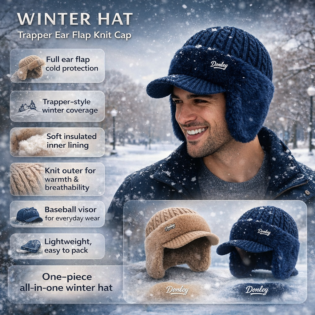 Durable unisex trapper hat with secure ear flaps and chin strap, ideal for winter comfort and protection.