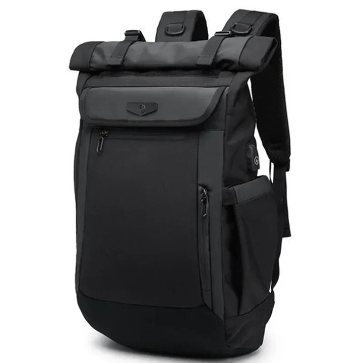 Man wearing a durable 50L waterproof travel backpack for hiking, outdoor adventures, or commute.