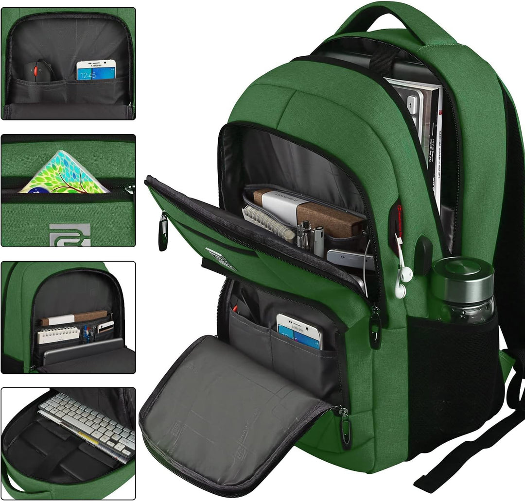 Integrated USB port on a unisex waterproof anti-theft backpack, easy charging.