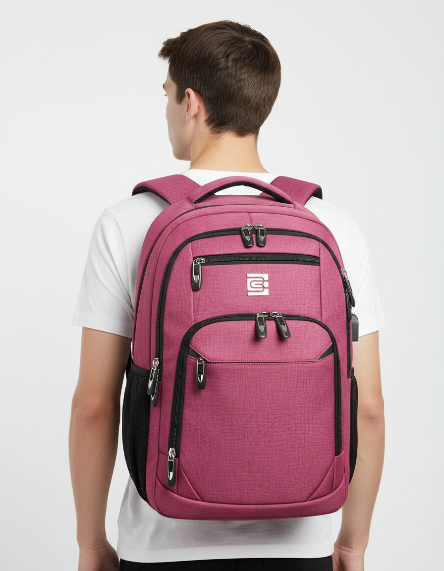 Backpack open, showing organized interior of a waterproof anti-theft laptop bag.