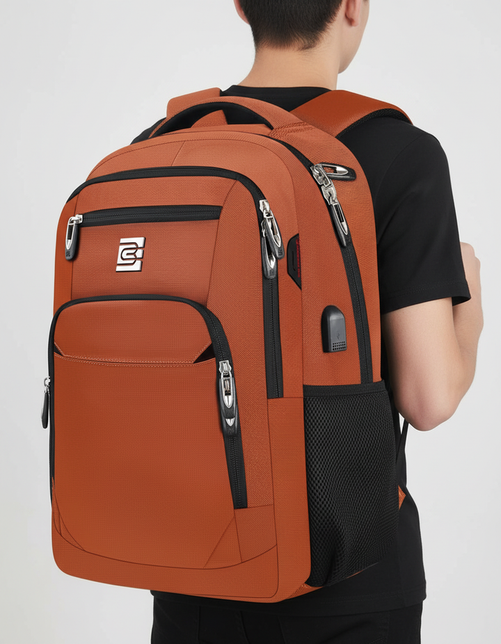 Lifestyle image: waterproof anti-theft rucksack used by a traveler in a city.