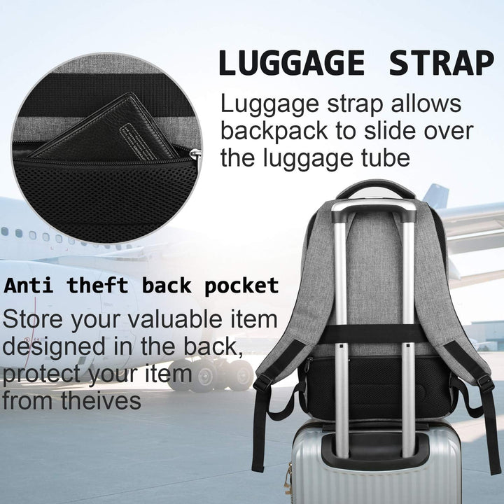 Waterproof laptop backpack for travel, featuring anti-theft pockets & USB charging.