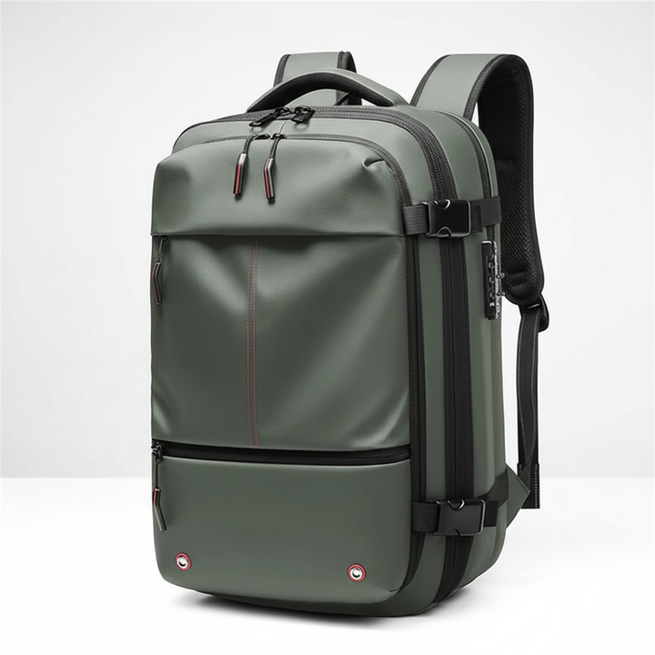 Close-up of high-quality waterproof fabric on the durable laptop backpack, ensuring gear protection.