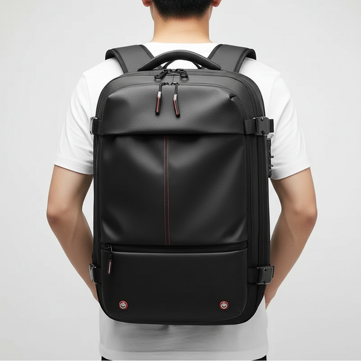 Student wearing durable school backpack, securely carrying books & laptop to classes.