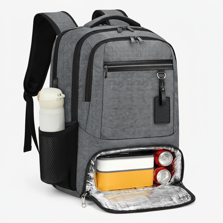 Sleek unisex waterproof travel backpack with secure compartments, lunch storage, and external USB charging port.